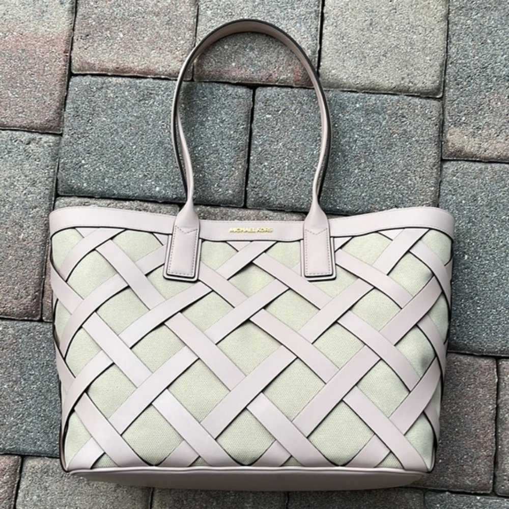 Michael Kors Sienna Large Tote Shoulder Bag Powder Blush Leather Canvas